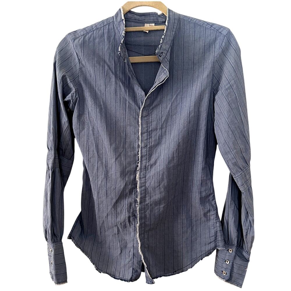 Y2K Joie Blue Pinstripe Blouse XS – Frayed Trim & Pleated Sleeves